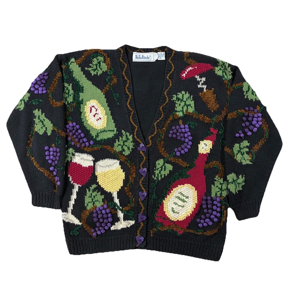 VTG Belle Pointe Wine Themed V-neck Cardigan Women M Cottagecore Novelty Maximal